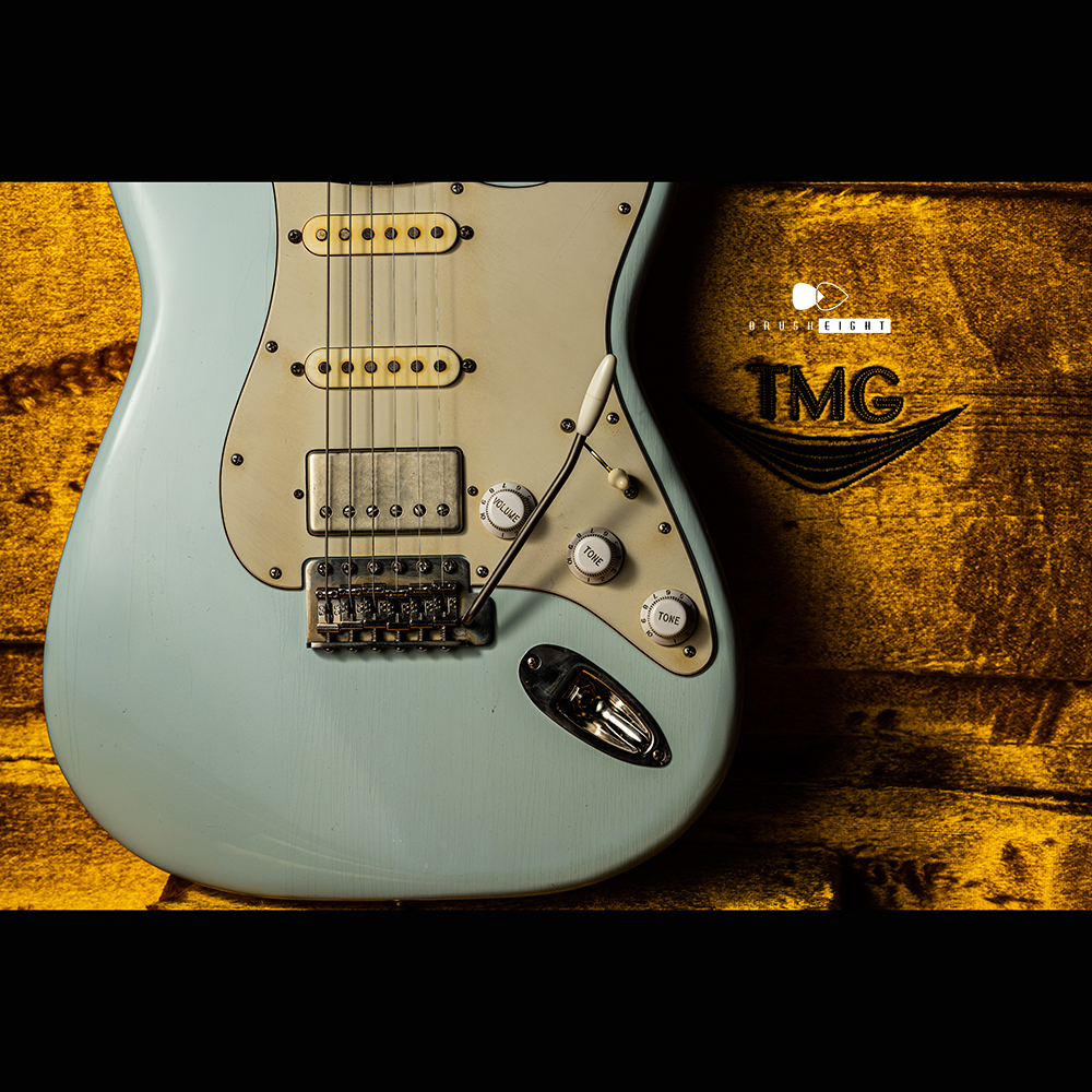 【SOLD】TMG Guitar Co. Dover HSS “Sonic Blue”  Roasted 5A Flame Maple  “Soft Aged & Midium Checking”
